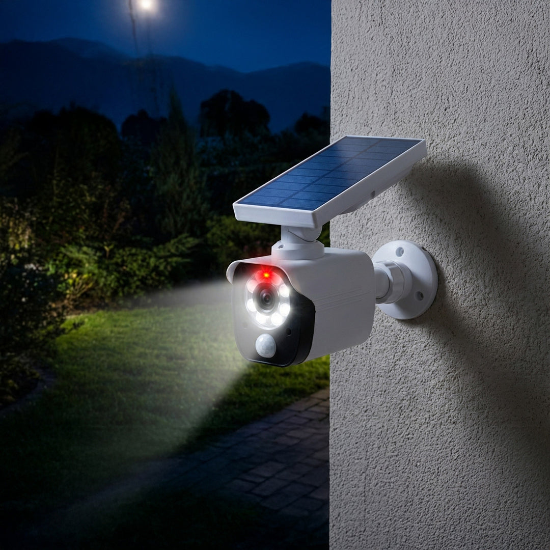 Solar camera dummy, flashing LED, motion sensor, LED lighting, free sticker, SOL1800S, 2 pieces