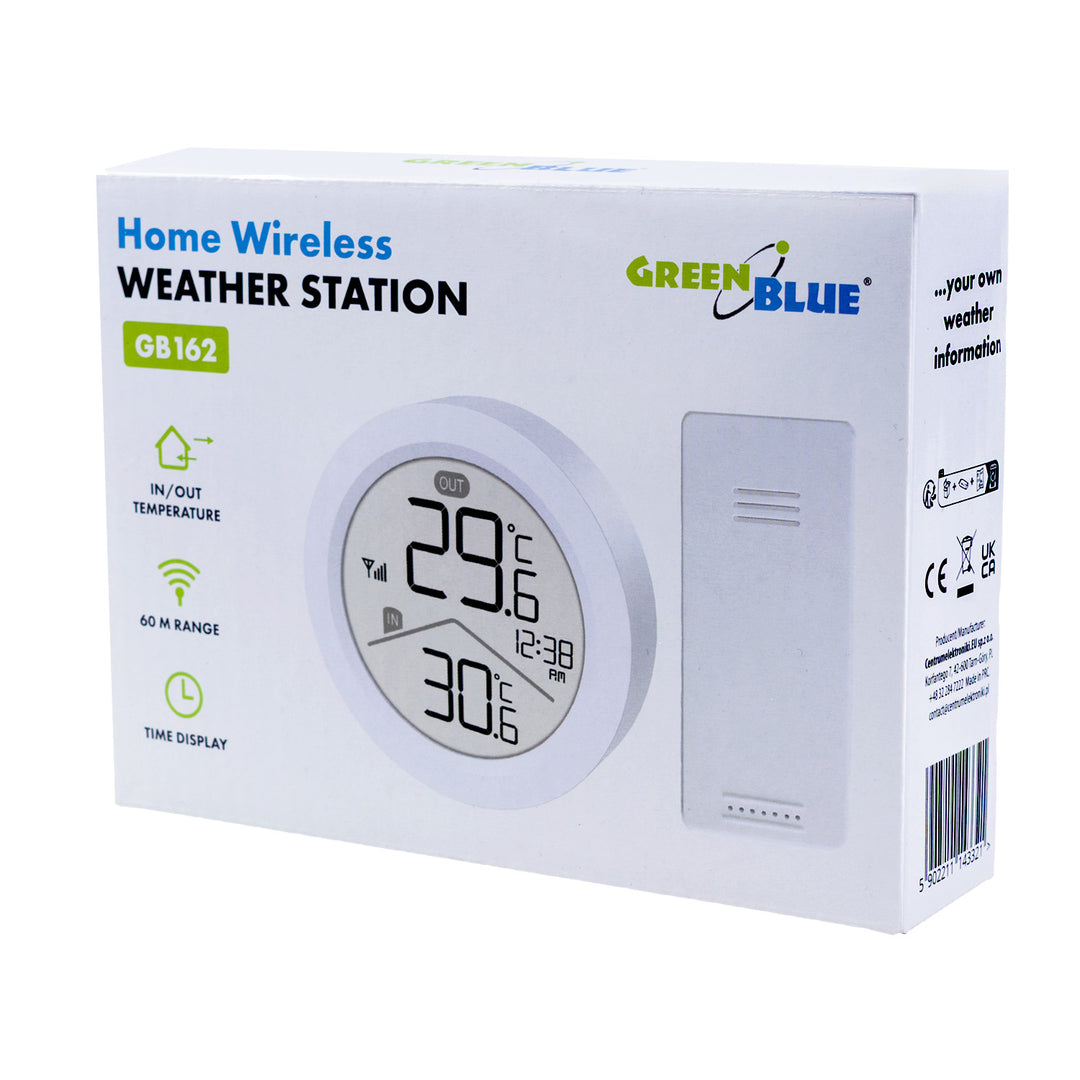 GreenBlue wireless weather station, IN/OUT temperature, clock, °C/°F selectable, range up to 60 m, GB162, 4x AAA battery