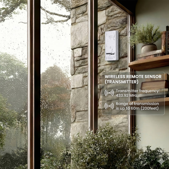 GreenBlue wireless weather station, IN/OUT temperature, clock, °C/°F selectable, range up to 60 m, GB162, 4x AAA battery