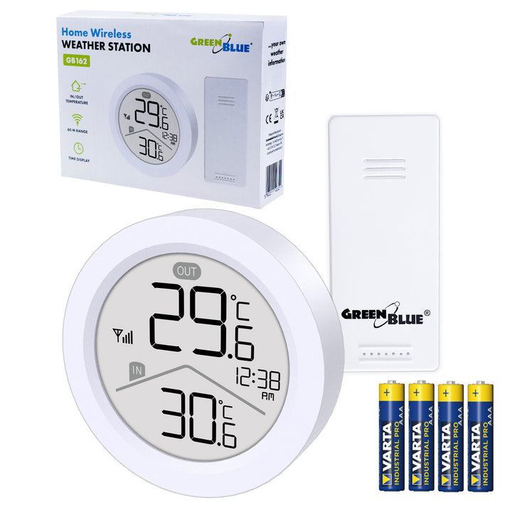 GreenBlue wireless weather station, IN/OUT temperature, clock, °C/°F selectable, range up to 60 m, GB162, 4x AAA battery