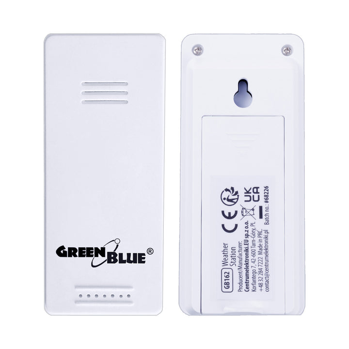 GreenBlue wireless weather station, temperature + humidity IN/OUT, clock + alarm + date, °C / °F selectable, range up to 60 m, GB169, 4x AAA battery