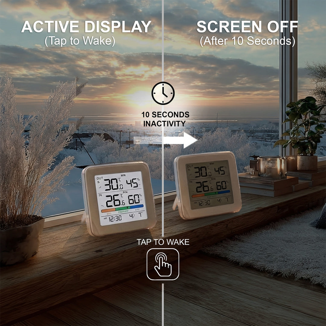 GreenBlue wireless weather station, temperature + humidity IN/OUT, clock + alarm + date, °C / °F selectable, range up to 60 m, GB169, 4x AAA battery