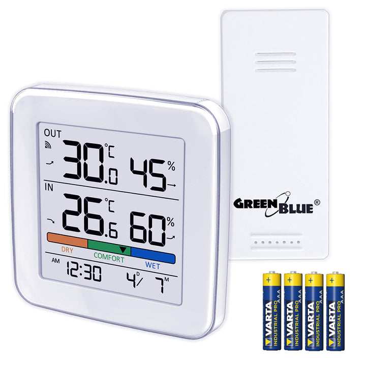 GreenBlue wireless weather station, temperature + humidity IN/OUT, clock + alarm + date, °C / °F selectable, range up to 60 m, GB169, 4x AAA battery