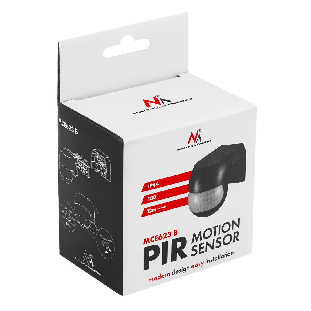 Maclean 12-24V PIR Motion Sensor, infrared, IP44, black, 12m range, max. load 60/120W, MCE623 B
