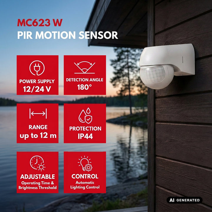 Maclean 12-24V PIR Motion Sensor, Infrared, IP44, White, 12m Range, Max. Load 60/120W, MCE623 W