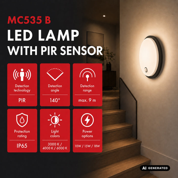 Maclean LED Light with Motion Sensor, PIR Sensor, Black, 10W/15W/18W, IP65, Color Temperature Adjustment 3000/4000/6000K, MCE535 B