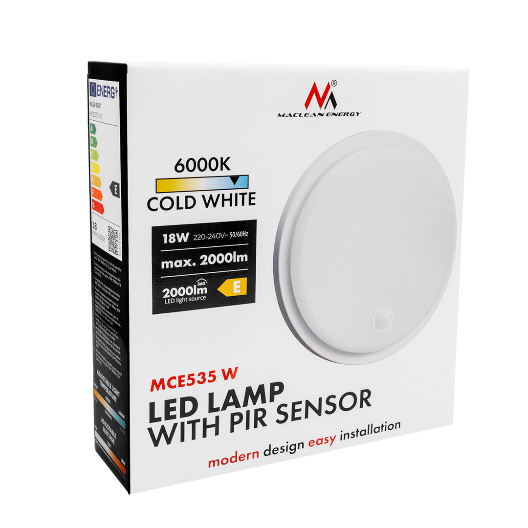 Maclean LED Lamp with Motion Sensor, PIR Sensor, White, 10W/15W/18W, IP65, Adjustable Color Temperature 3000K/4000K/6000K, MCE535 W