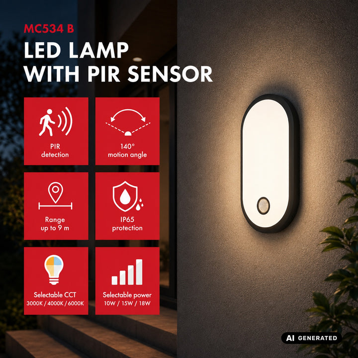 Maclean LED Motion Sensor Light, PIR sensor, black, 10W/15W/18W, IP65, adjustable color temperature 3000K/4000K/6000K, MCE534 B