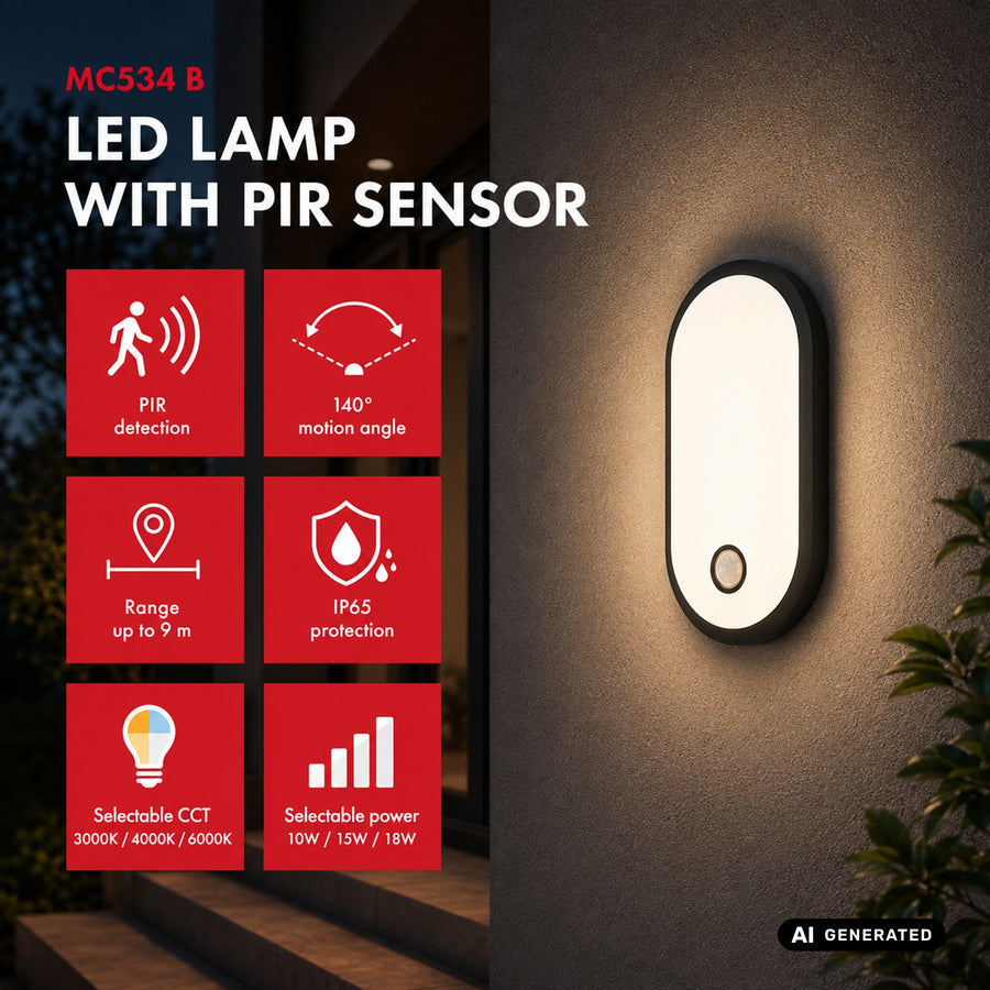 Maclean LED Motion Sensor Light, PIR sensor, black, 10W/15W/18W, IP65, adjustable color temperature 3000K/4000K/6000K, MCE534 B