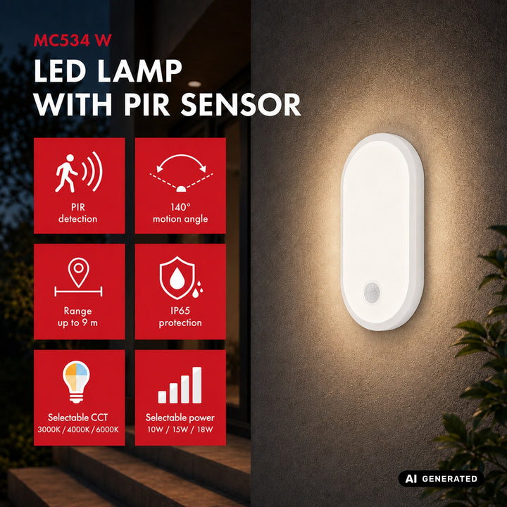 Maclean LED Light with Motion Sensor, PIR Sensor, White, 10W/15W/18W, IP65, Color Temperature Adjustable (3000K/4000K/6000K), MCE534 W