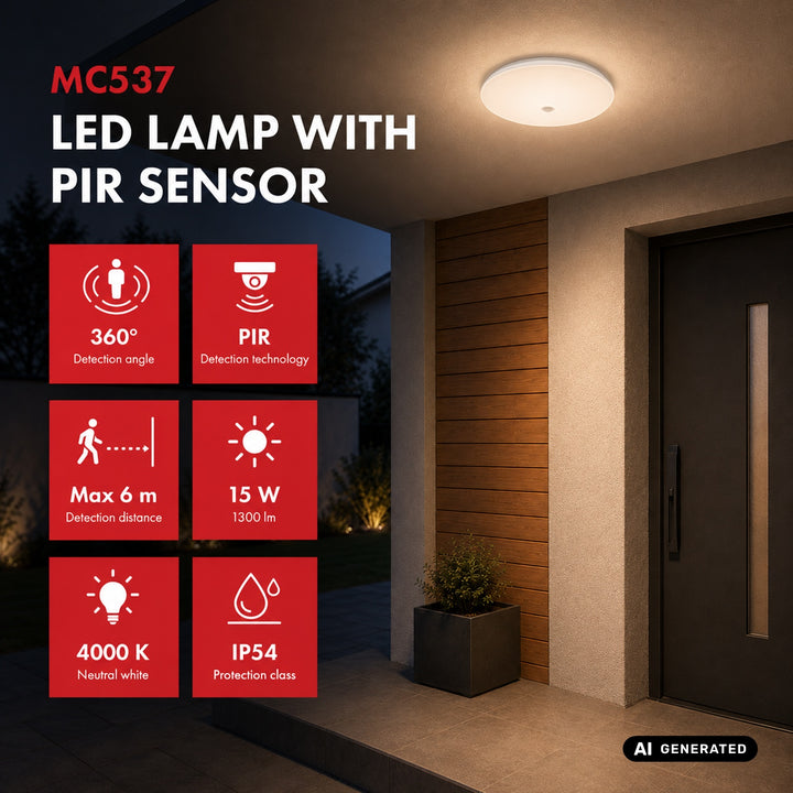 Maclean LED Ceiling Light with PIR Sensor, 15W, 1300 lm, IP54, 220–240 V~ 50/60 Hz, MCE537