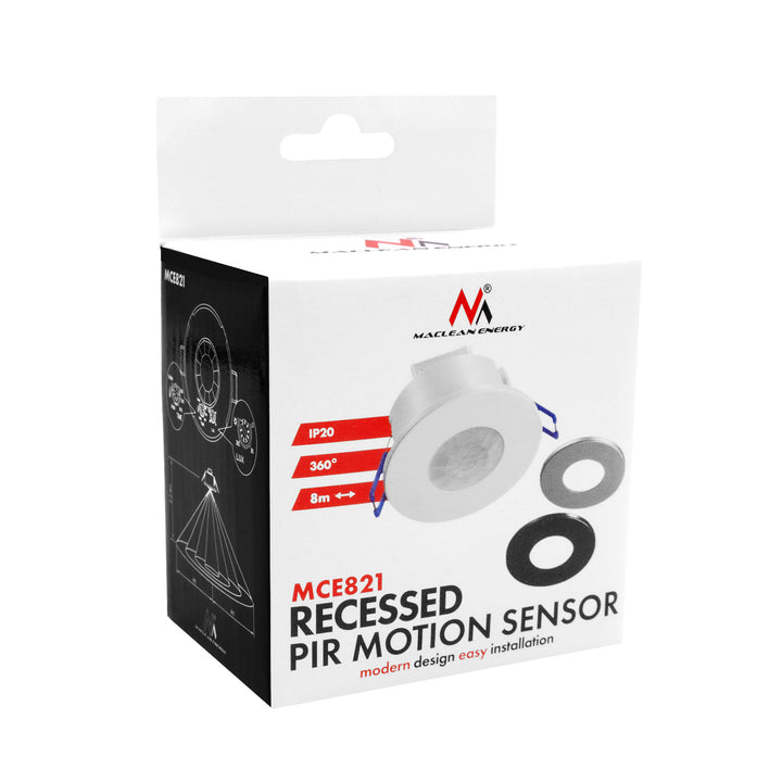 Maclean PIR Motion Sensor, Flush-Mount, 8 m Range, 600 W/1200 W, 220–240 V AC, 50/60 Hz, MCE821