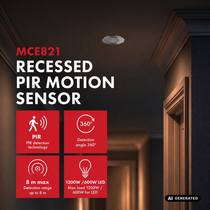 Maclean PIR Motion Sensor, Flush-Mount, 8 m Range, 600 W/1200 W, 220–240 V AC, 50/60 Hz, MCE821