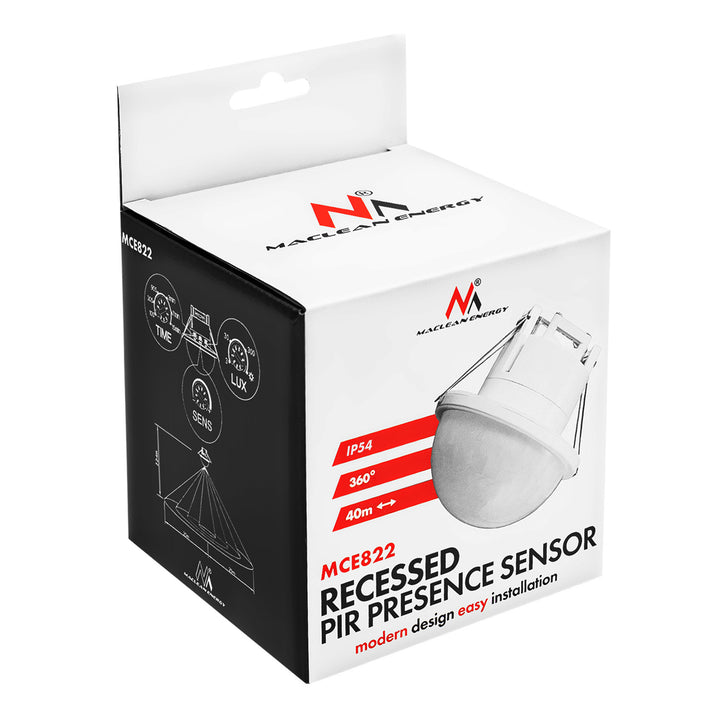 Maclean PIR Motion Sensor, flush-mounted, detection range 10x40m, 1000W/2000W, 220-240V AC, 50/60Hz, IP54, MCE822