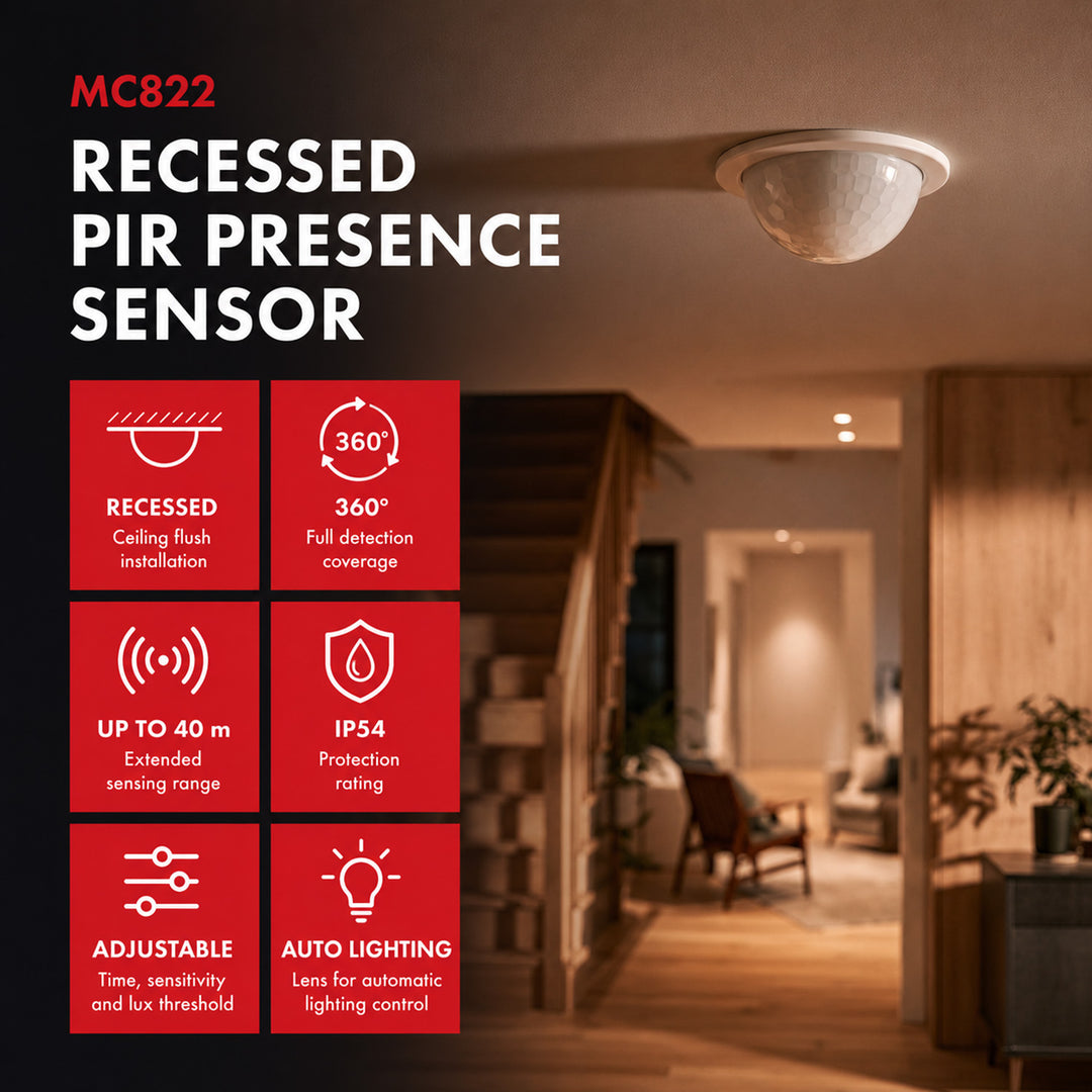 Maclean PIR Motion Sensor, flush-mounted, detection range 10x40m, 1000W/2000W, 220-240V AC, 50/60Hz, IP54, MCE822
