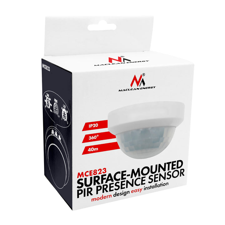 Maclean PIR Motion Sensor, Surface-Mount, Range 10x40m, 1000W/2000W, 220-240V AC, 50/60Hz, MCE823