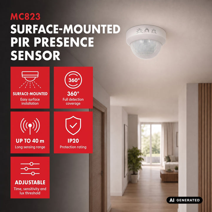 Maclean PIR Motion Sensor, Surface-Mount, Range 10x40m, 1000W/2000W, 220-240V AC, 50/60Hz, MCE823