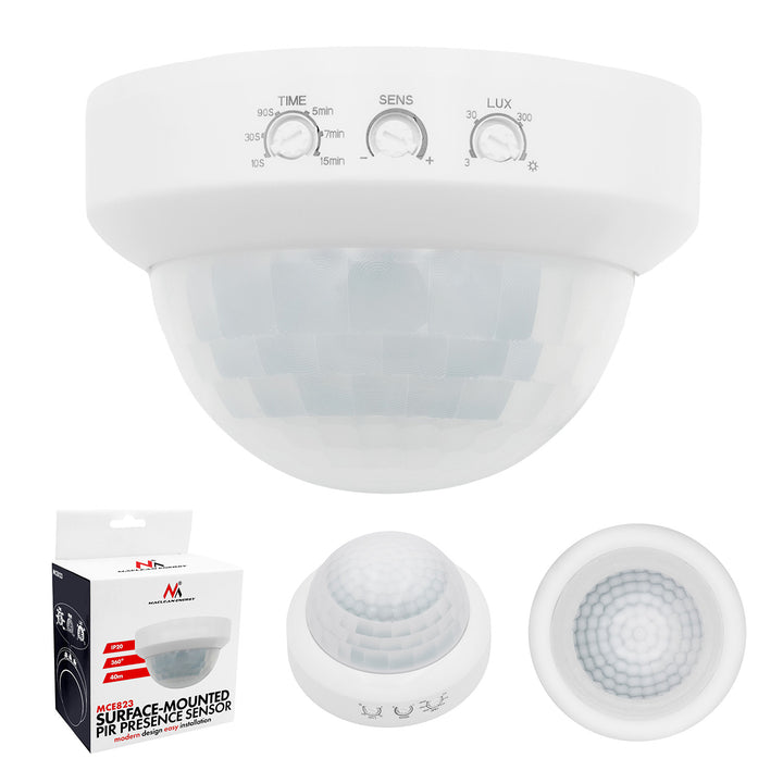 Maclean PIR Motion Sensor, Surface-Mount, Range 10x40m, 1000W/2000W, 220-240V AC, 50/60Hz, MCE823