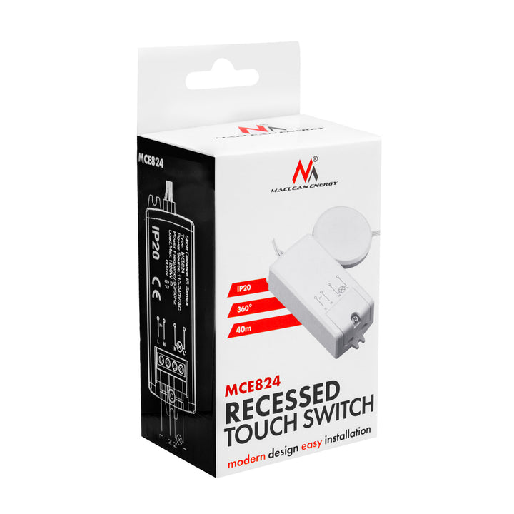 Maclean Flush-Mount Touch Switch, <40 mm, 110–240 V AC, max. load 600 W for LEDs, MCE824