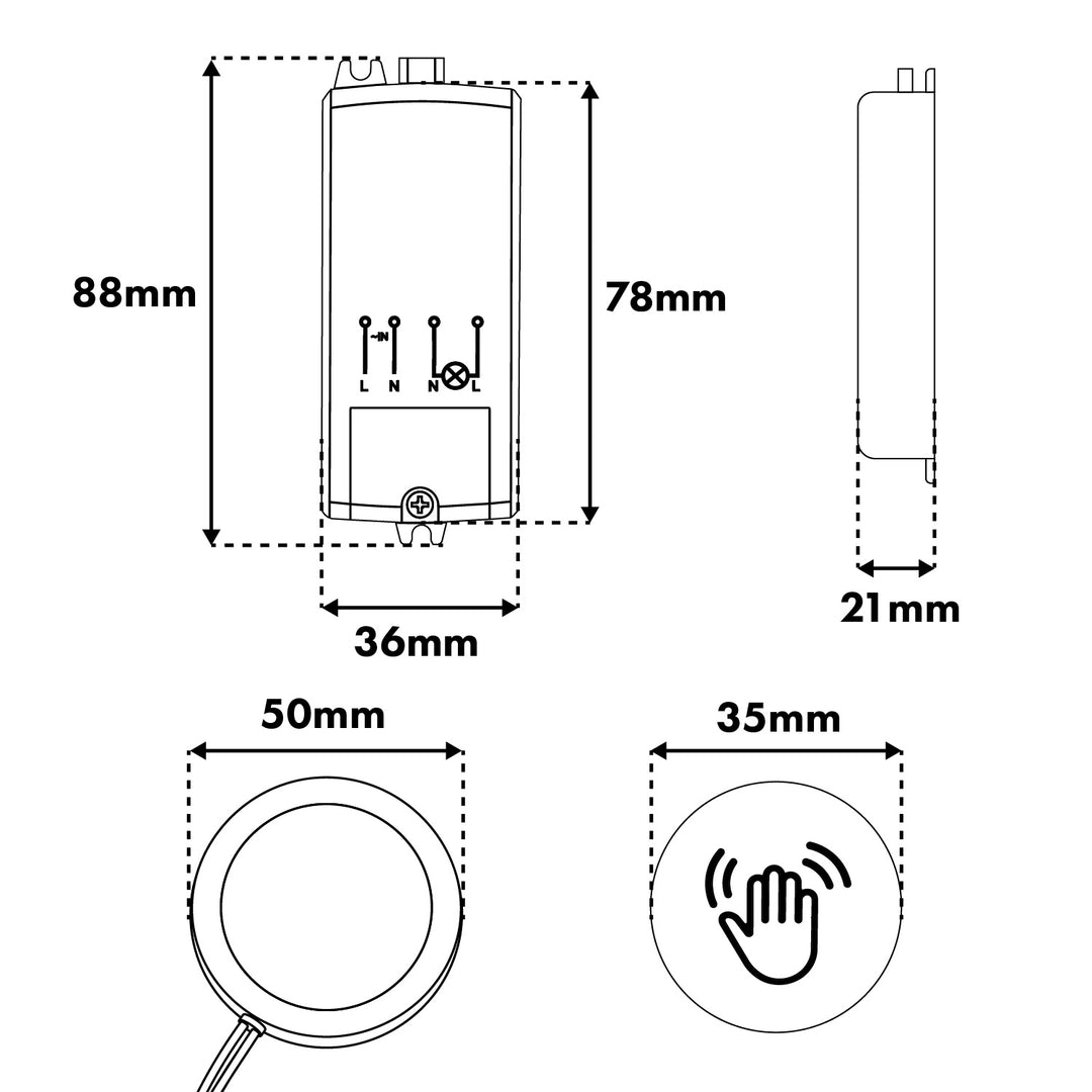 Maclean Flush-Mount Touch Switch, <40 mm, 110–240 V AC, max. load 600 W for LEDs, MCE824