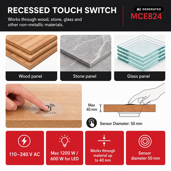 Maclean Flush-Mount Touch Switch, <40 mm, 110–240 V AC, max. load 600 W for LEDs, MCE824