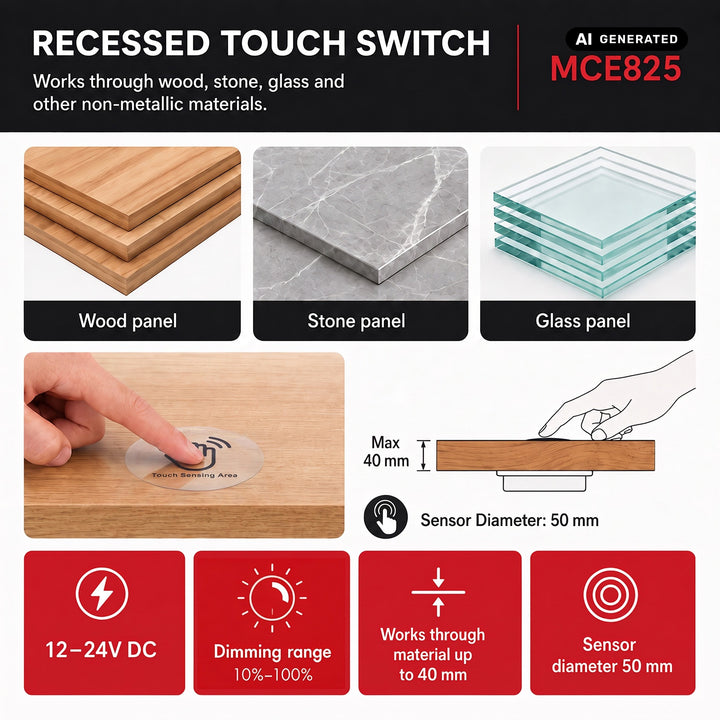 Maclean Flush-Mount Touch Switch, <40 mm, 12–24 V DC, max. load 48/96 W, MCE825