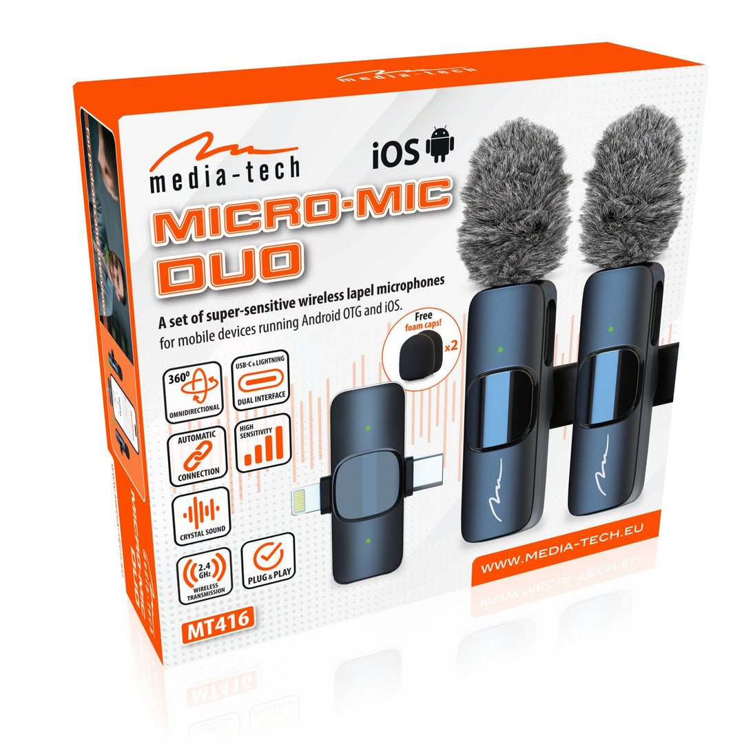 MICRO-MIC DUO - 2x wireless lapel microphone (set), clip-on, iOS & Android (OTG), mini, super-sensitive. USB-C & LIGHTNING, Mediatech