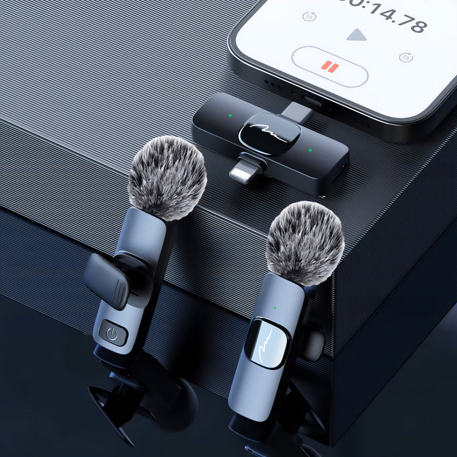 MICRO-MIC DUO - 2x wireless lapel microphone (set), clip-on, iOS & Android (OTG), mini, super-sensitive. USB-C & LIGHTNING, Mediatech