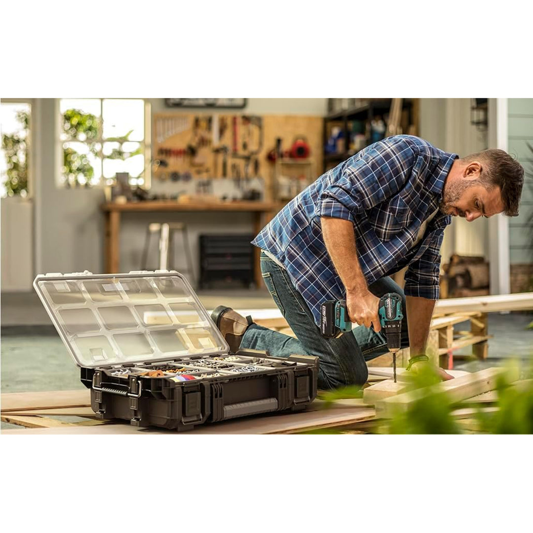 Keter ROC Pro Gear 1.0 Tool Organizer, capacity over 13 liters, clear and durable lid, dust- and water-resistant seal, metal latches, 257190