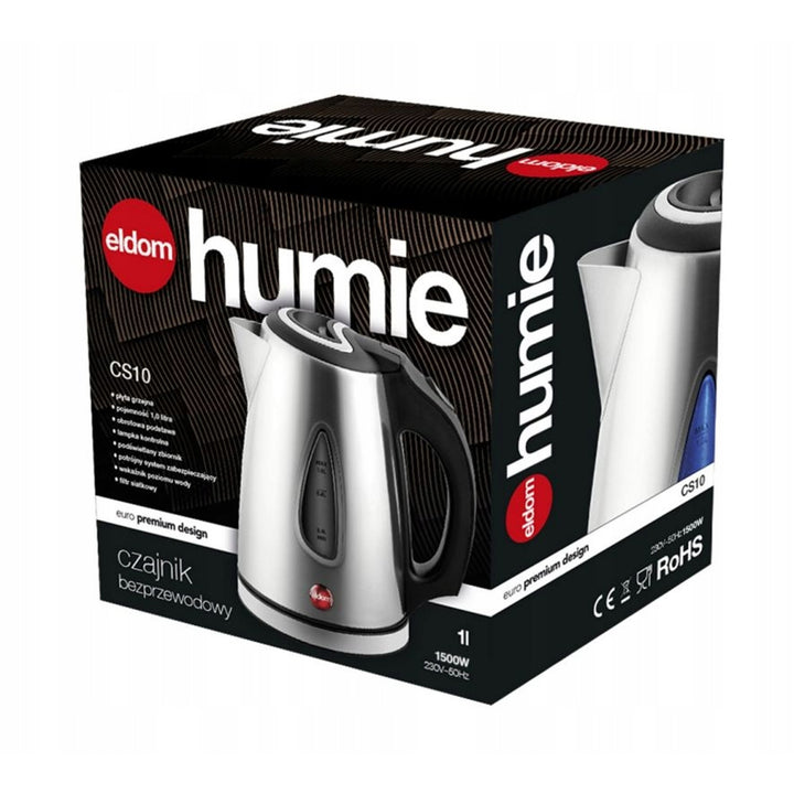 Eldom electric kettle, silver color, 1500W power, 1L capacity, water level indicator, backlit, CS10