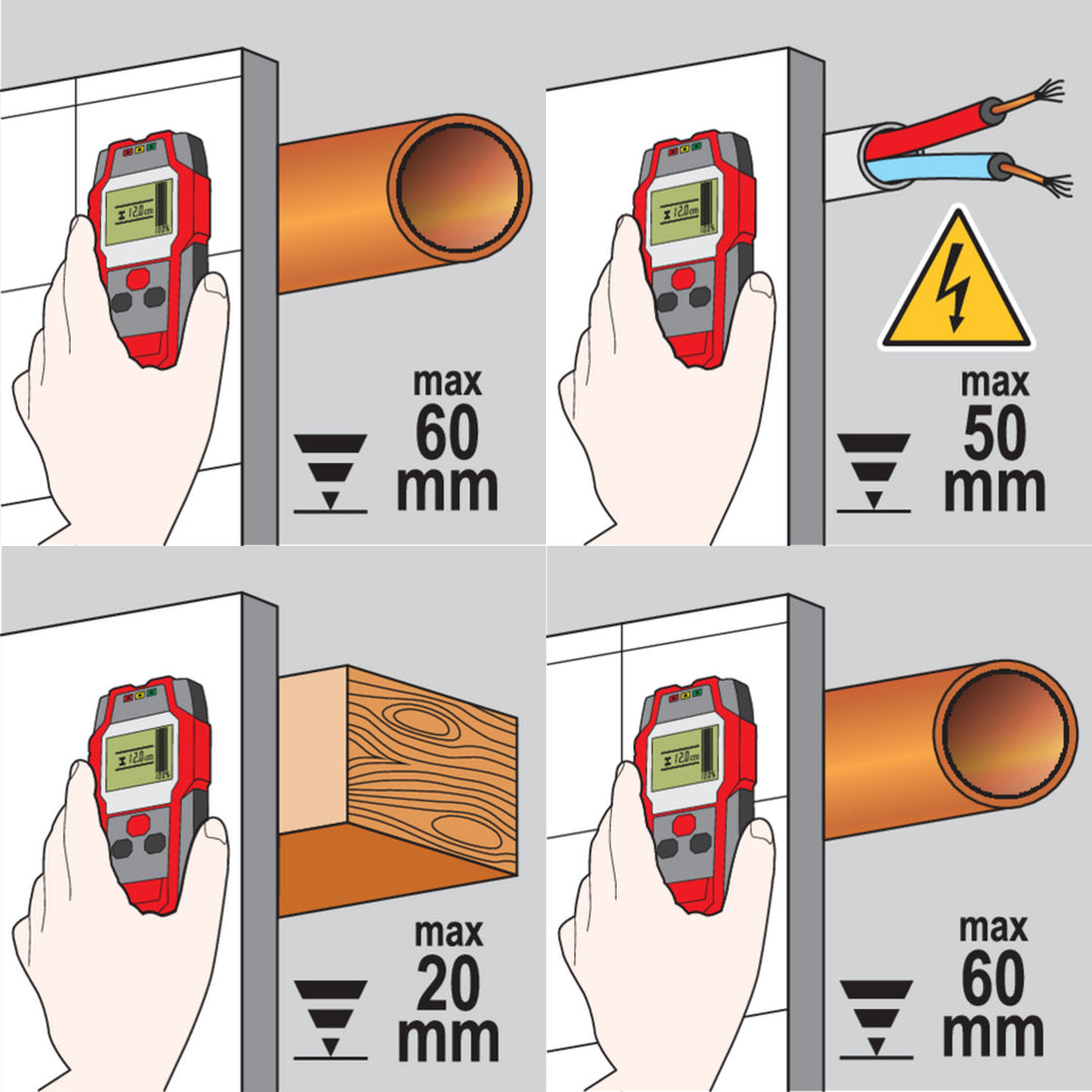 Professional Yato pipe and profile detector, large display with LED backlight, cover included, audible signal and three indicator LEDs, detection strength adjustment, YT-73131
