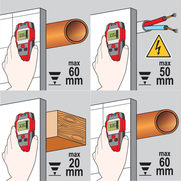 Professional Yato pipe and profile detector, large display with LED backlight, cover included, audible signal and three indicator LEDs, detection strength adjustment, YT-73131