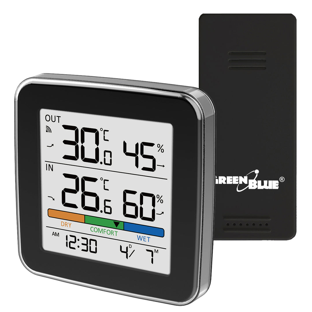 GreenBlue Wireless Weather Station, Indoor/Outdoor Temperature and Humidity, Clock, Alarm, and Date, °C / °F, up to 60 m, Black, GB169 B