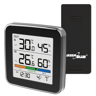 GreenBlue Wireless Weather Station, Indoor/Outdoor Temperature and Humidity, Clock, Alarm, and Date, °C / °F, up to 60 m, Black, GB169 B