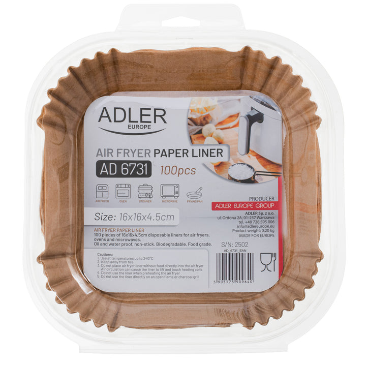 Paper inserts for deep fryers, air fryers, Adler, 16 cm, up to 240°C, biodegradable, 300 pieces, AD 6731