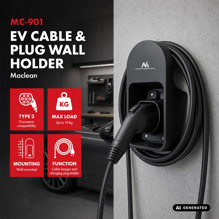 Maclean EV Charger Cable and Plug Wall Mount, Universal, Type 2, Max. Load 10 kg, MC-901