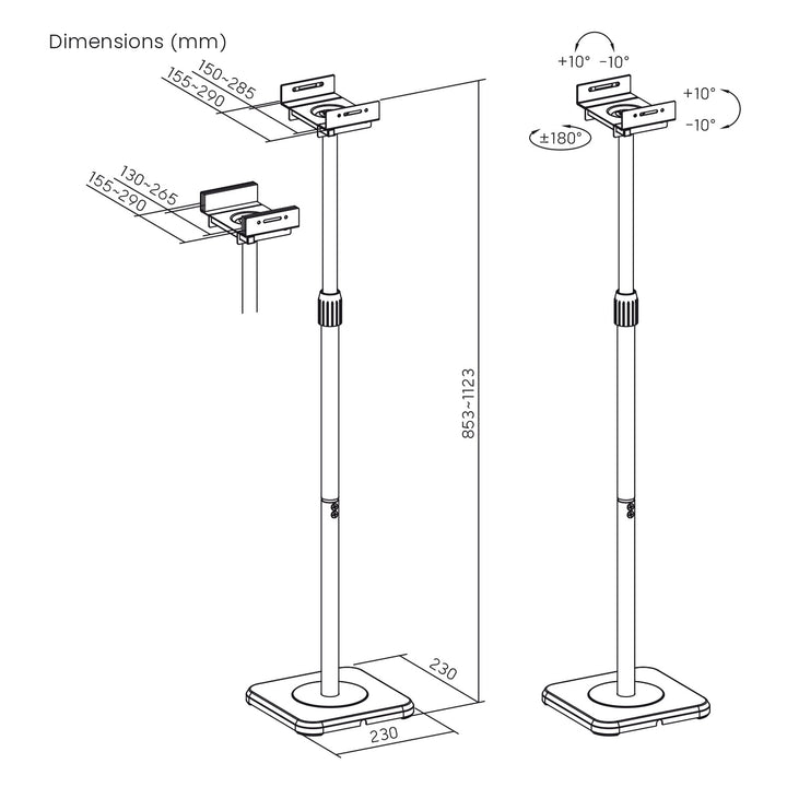 Set of Maclean floor stands for speakers, universal, vertical and horizontal adjustment +10°–10°, max. 5 kg, MC-916