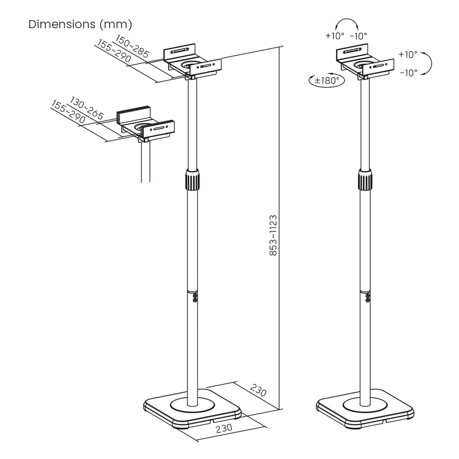 Set of Maclean floor stands for speakers, universal, vertical and horizontal adjustment +10°–10°, max. 5 kg, MC-916