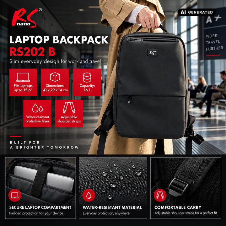 NanoRS Laptop Backpack, 15.6", Black, 41x29x14, Waterproof RS202 B