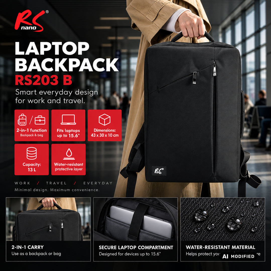 NanoRS Laptop Backpack, 15.6", black, 43x30x10, waterproof RS203 B