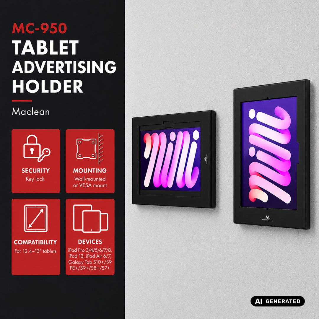 Maclean Tablet Advertising Mount with Lock, 12.4"–13", iPad Air/Pro, Samsung Tab S10+/S9+/S8+/S7+, 257x350x22mm, MC-950 B