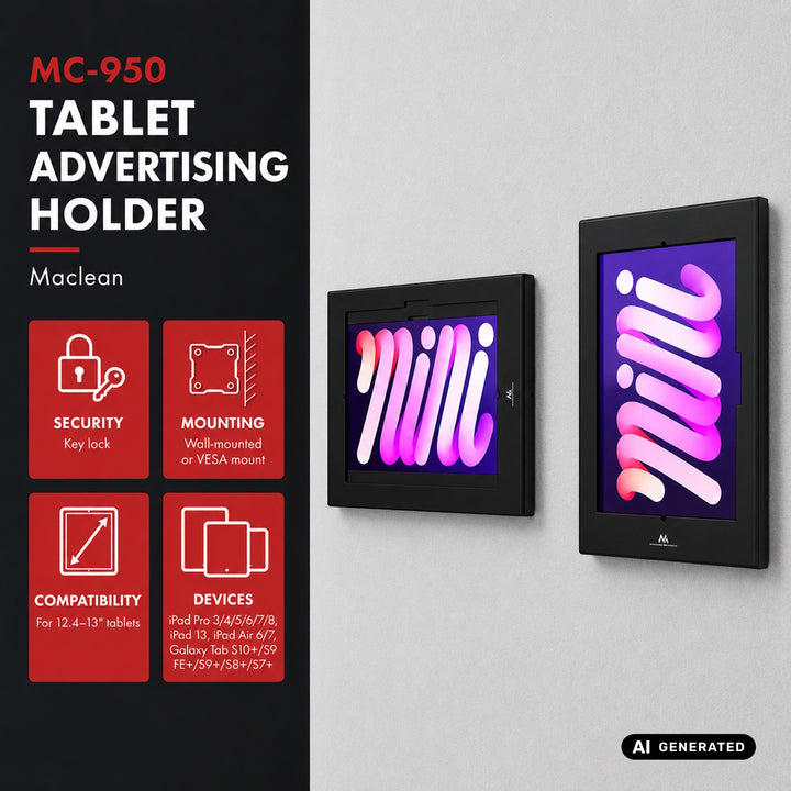 Maclean Tablet Advertising Mount with Lock, 12.4"–13", iPad Air/Pro, Samsung Tab S10+/S9+/S8+/S7+, 257x350x22mm, MC-950 B