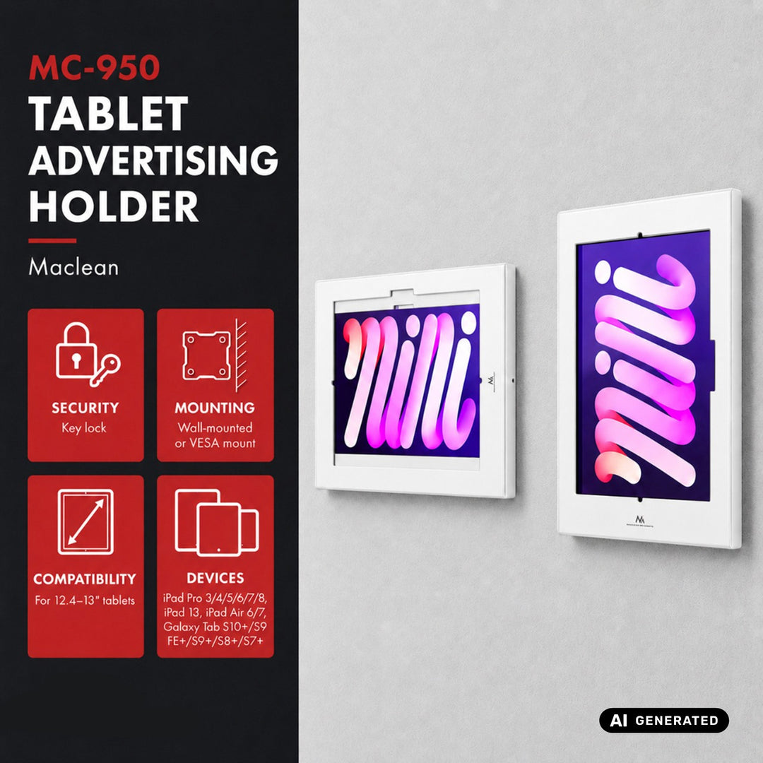 Maclean Tablet Advertising Mount with Lock, 12.4"-13", iPad Air/Pro, Samsung Tab S10+/S9+/S8+/S7+, 257x350x22mm, MC-950 W
