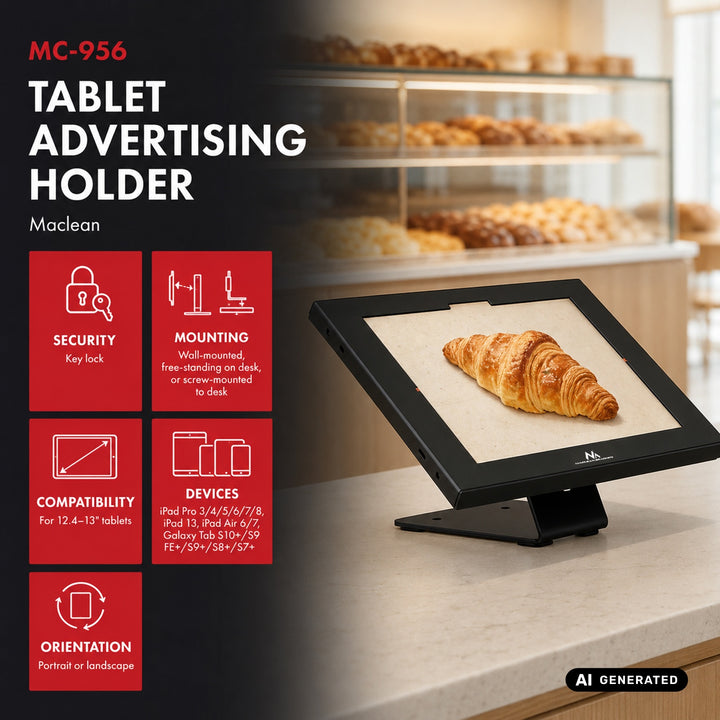 Maclean Tablet Advertising Mount with Lock, 12.4"-13", iPad Air/Pro, Samsung Tab S10+/S9+/S8+/S7+, 257x350x22mm, MC-956 B
