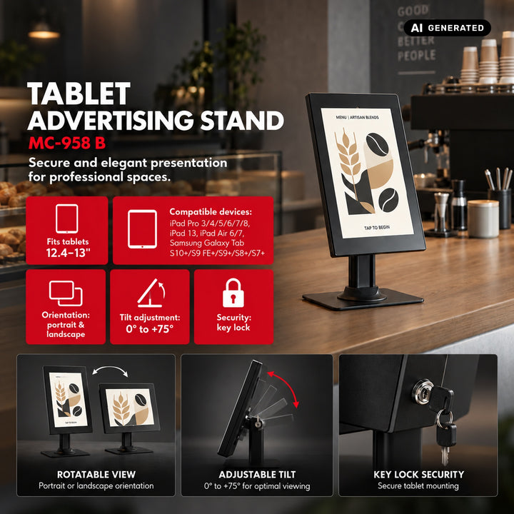 Maclean Tablet Advertising Mount with Lock. 12.4"-13", iPad Air/Pro, Samsung Tab S10+/S9+/S8+/S7+, 257x350x22mm, MC-958 B