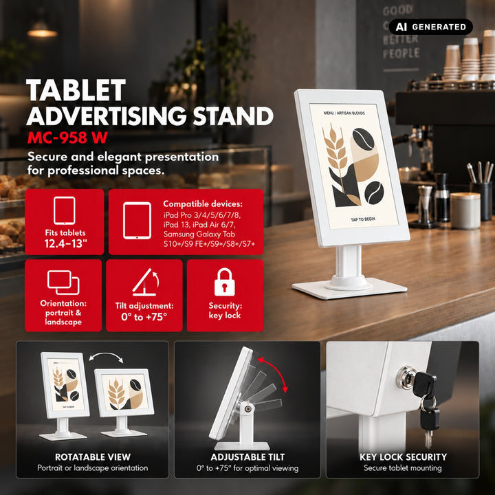 Maclean Tablet Advertising Mount with Lock, 12.4"-13", iPad Air/Pro, Samsung Tab S10+/S9+/S8+/S7+, 257x350x22mm, MC-958 W