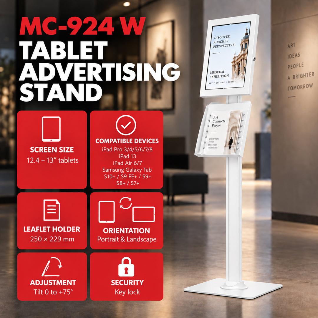 Maclean Tablet Advertising Mount with Lock, 12.4"-13", iPad Air/Pro, Samsung Tab S10+/S9+/S8+/S7+, 257x350x22mm, MC-924 W