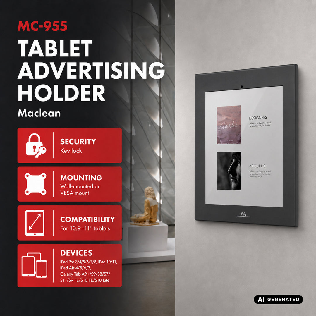 Maclean Tablet Advertising Mount with Lock, 10.9"–11", iPad Air/Pro, Samsung Tab A & S Series, 220x323x22mm, MC-955 B
