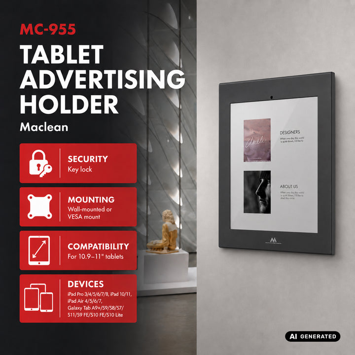 Maclean Tablet Advertising Mount with Lock, 10.9"–11", iPad Air/Pro, Samsung Tab A & S Series, 220x323x22mm, MC-955 B