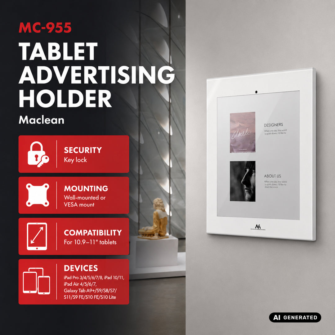 Maclean Tablet Advertising Mount, with Lock. 10.9"-11", iPad Air/Pro, Samsung Tab A & S Series, 220x323x22mm, MC-955 W